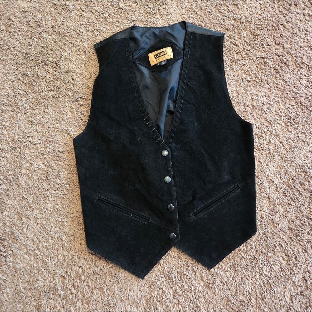 G4000 Vintage Genuine Leather Black Vest satin tie back stitching cowgirl S